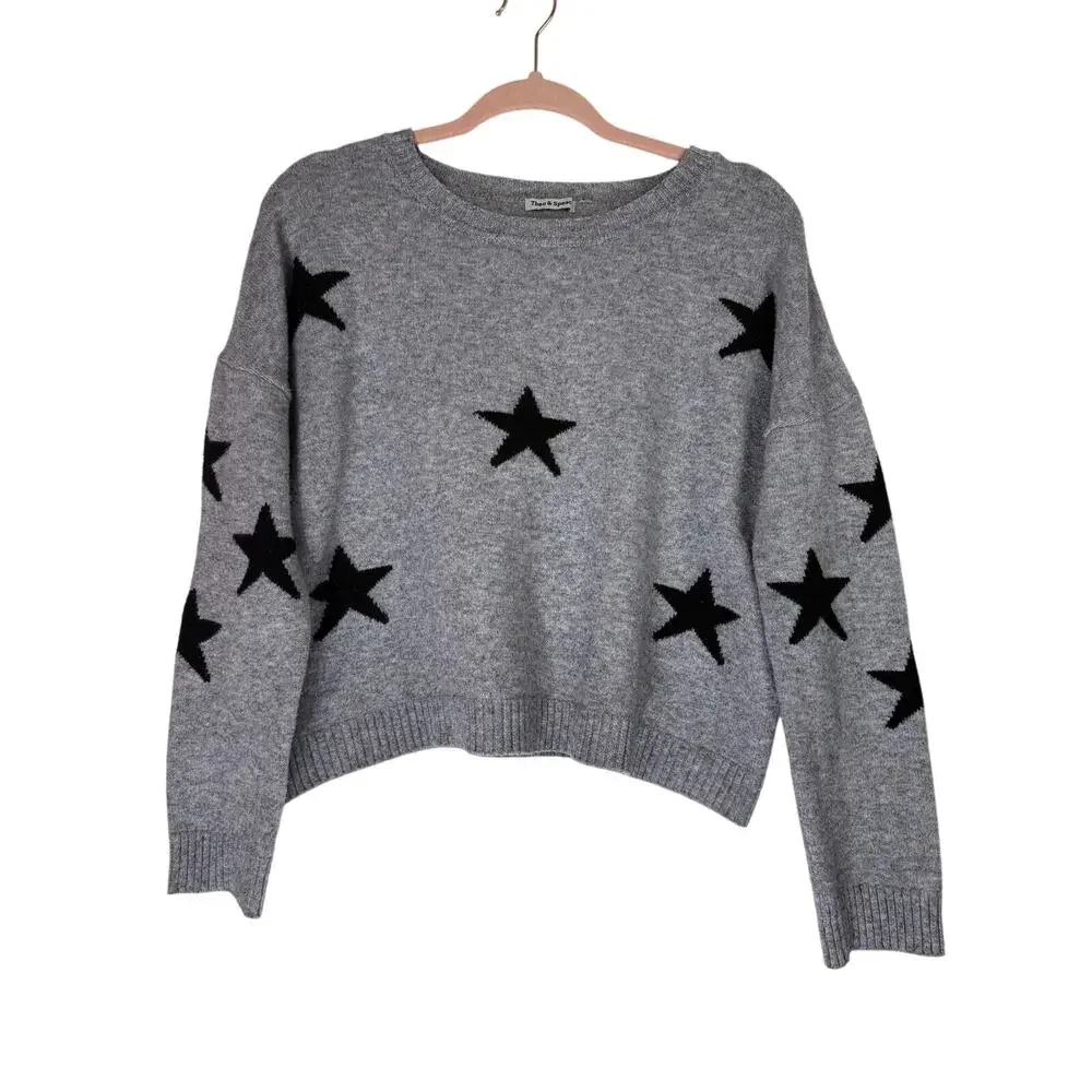 Theo Spence Gray Black w/Star Print Oversized Long Sleeve Sweater Top Size M - Picture 1 of 9